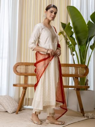 White   Red Festive Embroidered Yoke Straight Kurta Pant Set