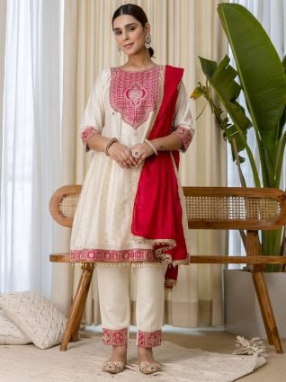 White   Red Festive Embroidered Yoke Straight Kurta Pant Set