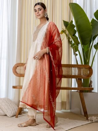 White   Red Festive Embroidered Yoke Straight Kurta Pant Set