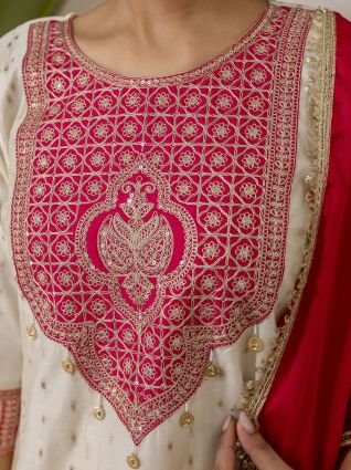 White   Red Festive Embroidered Yoke Straight Kurta Pant Set