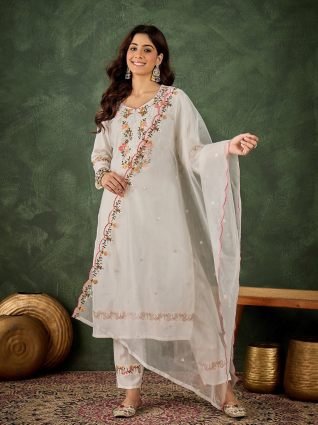 White Women Floral Embroidered Regular Kurta with Trousers   Dupatta Suit Sets