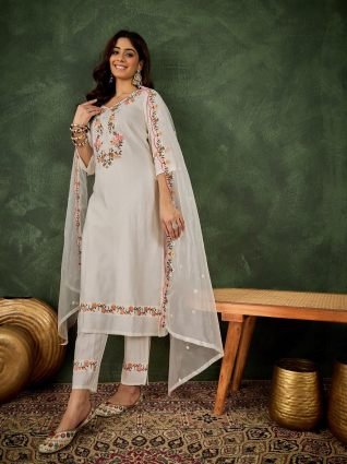 White Women Floral Embroidered Regular Kurta with Trousers   Dupatta Suit Sets