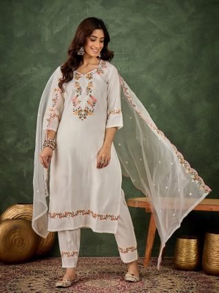 White Women Floral Embroidered Regular Kurta with Trousers   Dupatta Suit Sets