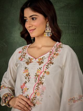 White Women Floral Embroidered Regular Kurta with Trousers   Dupatta Suit Sets