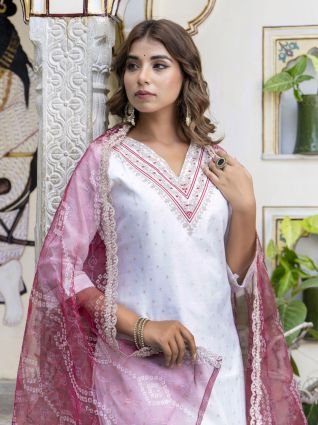 Women Chanderi Kurta   Pant Dupatta Set