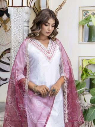 Women Chanderi Kurta   Pant Dupatta Set