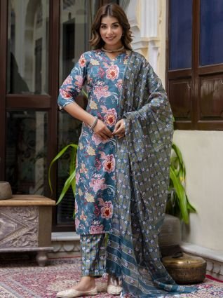  Women Cotton Blend Kurta Pant Dupatta Set
