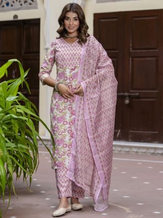 Women Cotton Blend Kurta Pant Dupatta Set