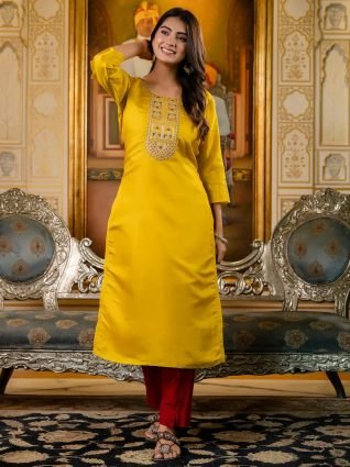 Women Embroidered shimmer Silk Blend Straight Kurta