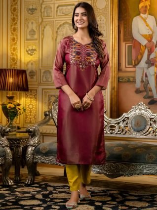 Women Embroidered shimmer Silk Blend Straight Kurta
