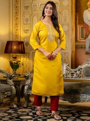 Women Embroidered shimmer Silk Blend Straight Kurta