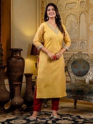 Women Embroidered Silk Blend Straight Kurta