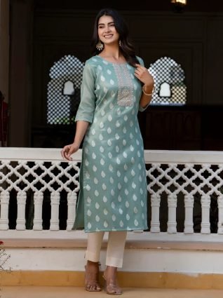 Women Embroidered Silk Blend Straight Kurta