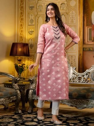 Women Embroidered Silk Blend Straight Kurta