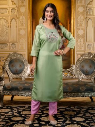 Women Embroidered Silk Blend Straight Kurta