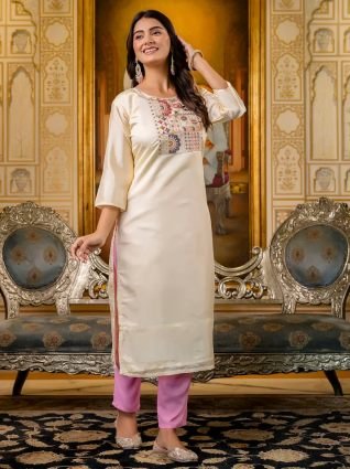 Women Embroidered Silk Blend Straight Kurta