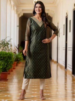 Women Embroidered Silk Blend Straight Kurta
