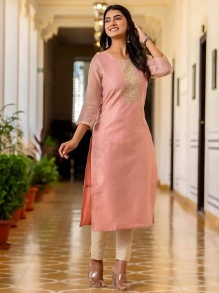 Women Embroidered Silk Blend Straight Kurta