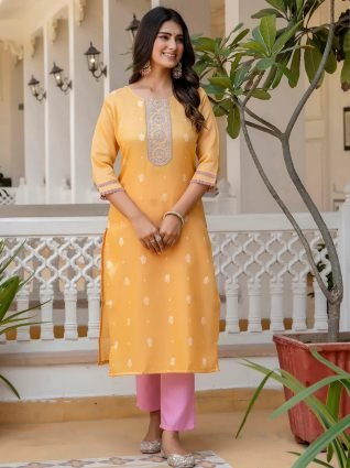 Women Embroidered Silk Blend Straight Kurta
