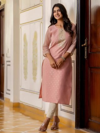 Women Embroidered Silk Blend Straight Kurta