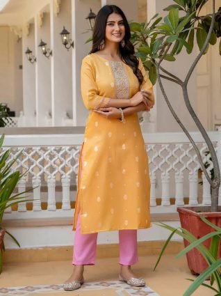 Women Embroidered Silk Blend Straight Kurta