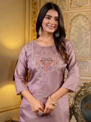 Women Embroidered Silk Blend Straight Kurta