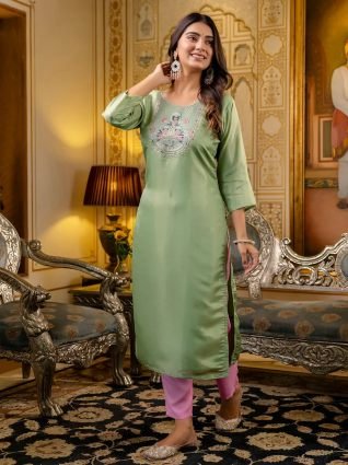 Women Embroidered Silk Blend Straight Kurta
