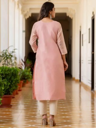 Women Embroidered Silk Blend Straight Kurta