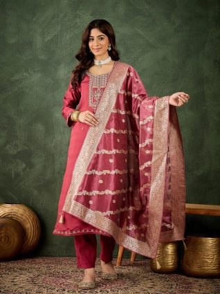 Women Kurta and Pant Dupatta Sets Viscose Rayon Fabrics with Embroidery Handwork