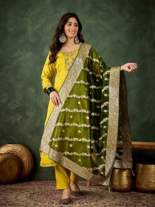 Women Kurta and Pant Dupatta Sets Viscose Rayon Fabrics with Embroidery Handwork