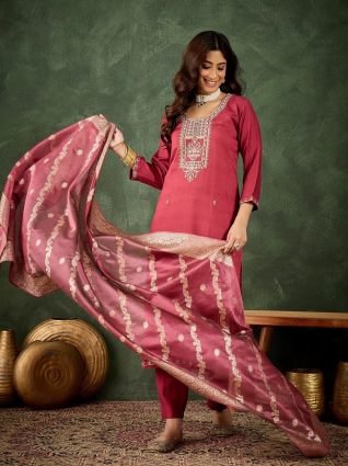 Women Kurta and Pant Dupatta Sets Viscose Rayon Fabrics with Embroidery Handwork