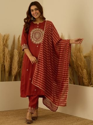 Women Kurta and Pant Dupatta Sets Silk Blend Fabrics with Embroidery Handwork