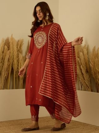 Women Kurta and Pant Dupatta Sets Silk Blend Fabrics with Embroidery Handwork