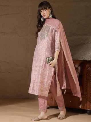 Women Kurta and Trouser Duppata Set With Embroidery Cotton Blend
