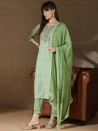 Women Kurta and Trouser Duppata Set With Embroidery Cotton Blend
