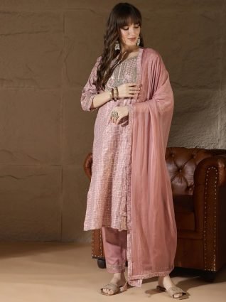 Women Kurta and Trouser Duppata Set With Embroidery Cotton Blend