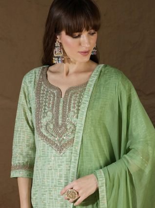 Women Kurta and Trouser Duppata Set With Embroidery Cotton Blend