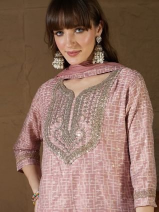 Women Kurta and Trouser Duppata Set With Embroidery Cotton Blend