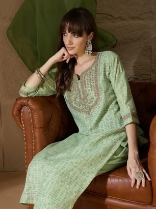 Women Kurta and Trouser Duppata Set With Embroidery Cotton Blend