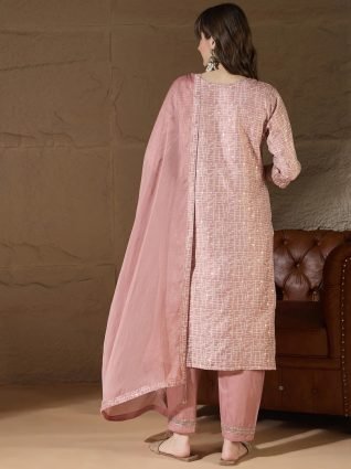 Women Kurta and Trouser Duppata Set With Embroidery Cotton Blend