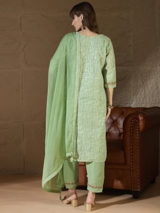 Women Kurta and Trouser Duppata Set With Embroidery Cotton Blend