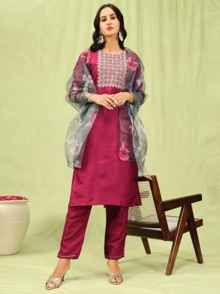 Women Kurta and Trousers Pant Set Silk Blend