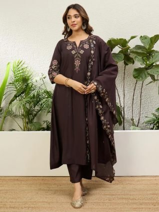 Women s Coffee Brown Embroidered Yoke Design Straight Kurta Pant Set