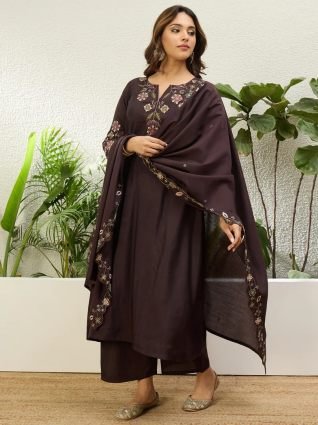 Women s Coffee Brown Embroidered Yoke Design Straight Kurta Pant Set