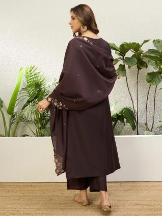 Women s Coffee Brown Embroidered Yoke Design Straight Kurta Pant Set