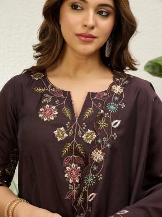 Women s Coffee Brown Embroidered Yoke Design Straight Kurta Pant Set
