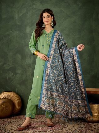 Women s Embroidered Cotton Kurta Pant Set with Dupatta