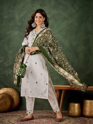 Women s Embroidered Cotton Kurta Pant Set with Dupatta