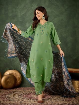Women s Embroidered Cotton Kurta Pant Set with Dupatta