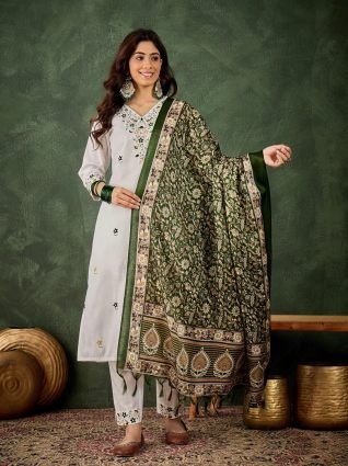 Women s Embroidered Cotton Kurta Pant Set with Dupatta